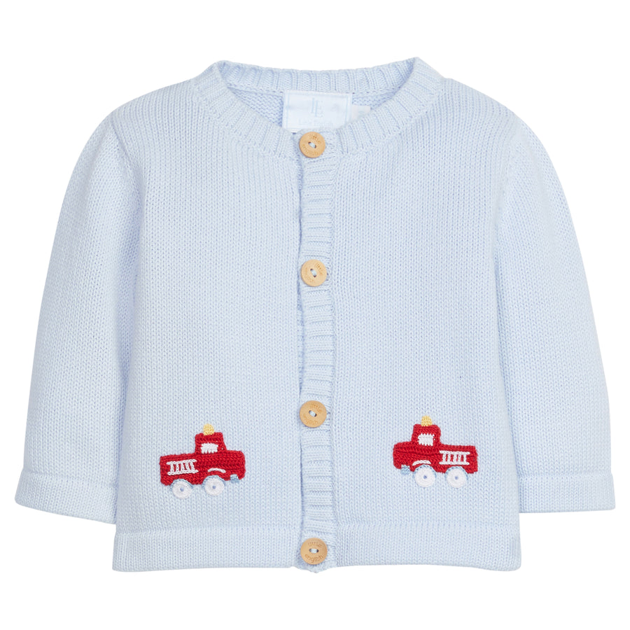 Little English signature baby crochet sweater, light blue fire truck sweater for boy