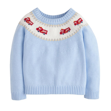 Little English traditional children's clothing. Boy light blue fair isle sweater with fire trucks for Fall