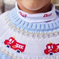 Little English traditional children's clothing. Boy light blue fair isle sweater with fire trucks for Fall