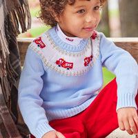 Little English traditional children's clothing. Boy light blue fair isle sweater with fire trucks for Fall