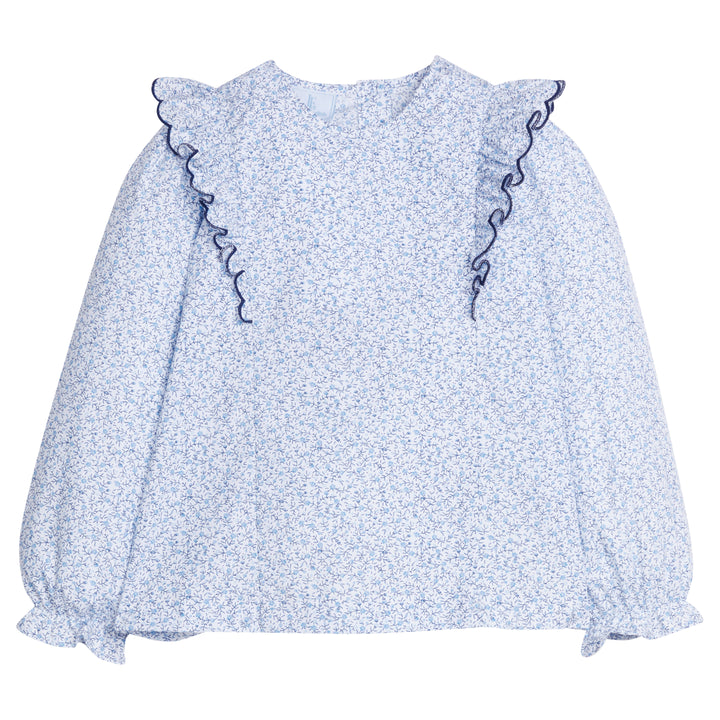 Little English traditional children's clothing, flutter blouse in blue vinings pattern with long sleeves for little girl