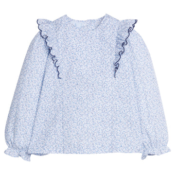 Little English traditional children's clothing, flutter blouse in blue vinings pattern with long sleeves for little girl