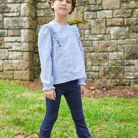 Little English girl's navy knit leggings with flared leg