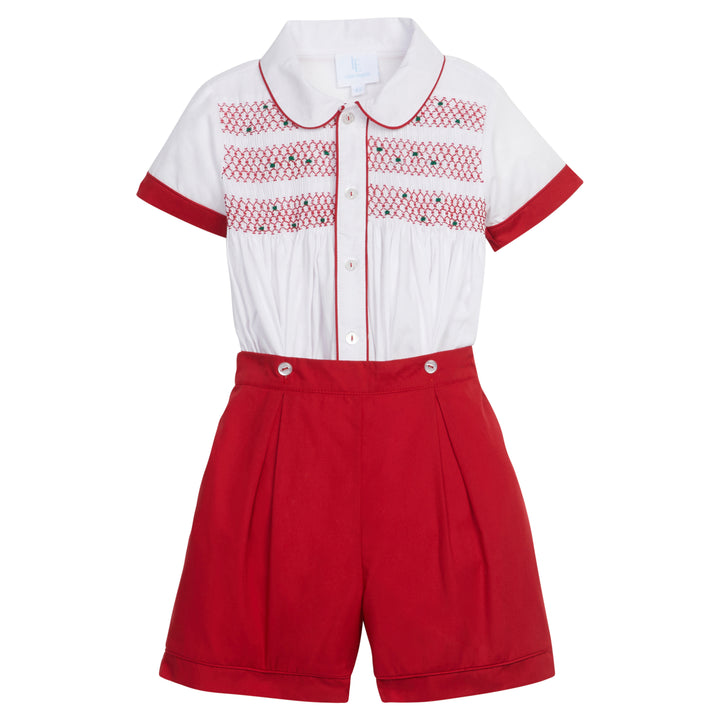 Little English traditional children's clothing, Graham Short Set with red bottoms and collared white top, smocked detailing on chest and buttons around hips, for little boy