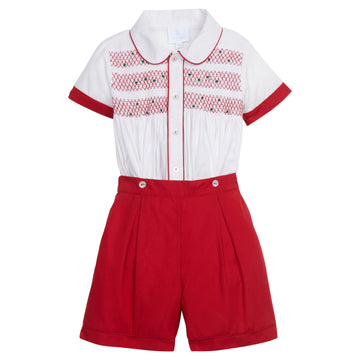 Little English traditional children's clothing, Graham Short Set with red bottoms and collared white top, smocked detailing on chest and buttons around hips, for little boy