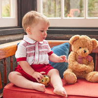 Little English traditional children's clothing, Graham Short Set with red bottoms and collared white top, smocked detailing on chest and buttons around hips, for little boy