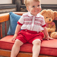 Little English traditional children's clothing, Graham Short Set with red bottoms and collared white top, smocked detailing on chest and buttons around hips, for little boy