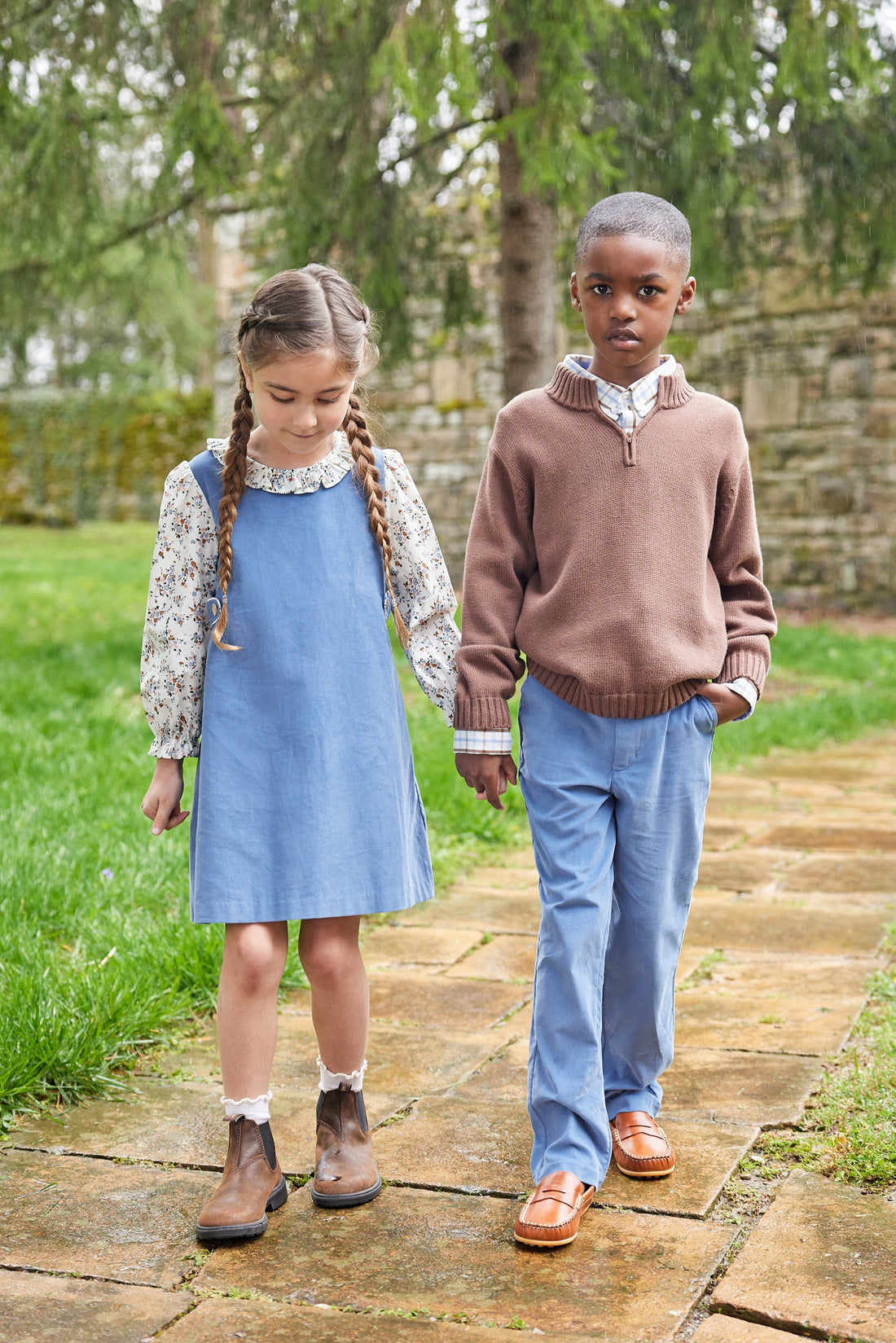 Little English traditional clothing, long sleeve button down shirt in brown and light blue brownfield plaid pattern for little boy