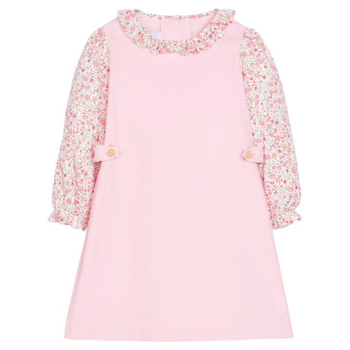 Little English classic children's clothing tween girls light pink corduroy jumper set with floral sleeves and floral ruffled collar