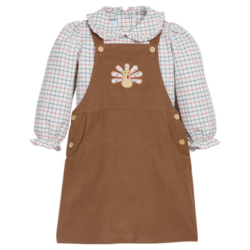 Little English traditional children's clothing.  Brown corduroy jumper with turkey applique and ruffled peter pan blouse with tattersall print.  Girls holiday jumper set for Thanksgiving