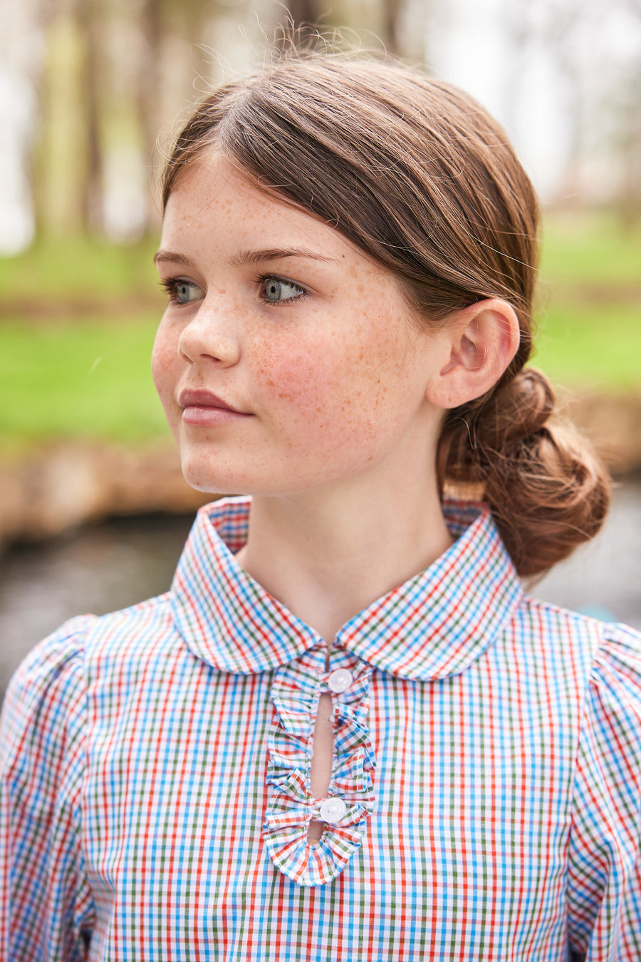 Little English girl's long sleeve plaid dress with tiers and collar for fall