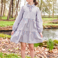 Little English girl's long sleeve plaid dress with tiers and collar for fall