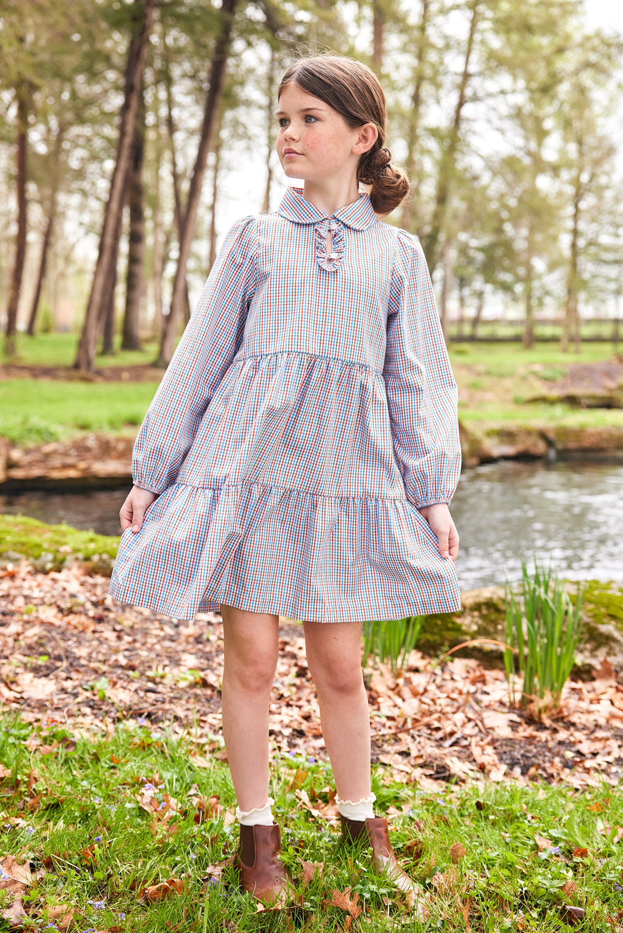 Little English girl's long sleeve plaid dress with tiers and collar for fall