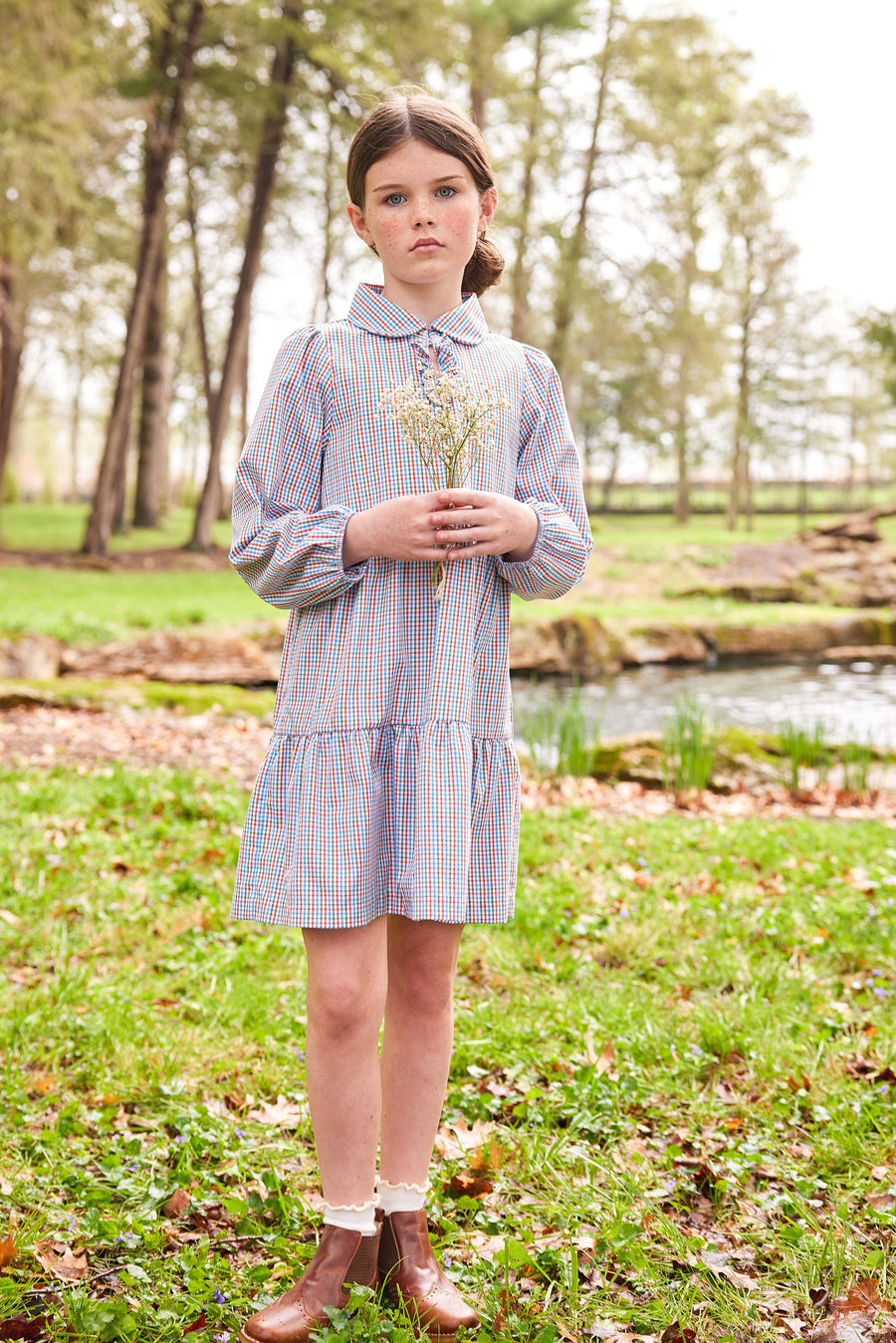 Little English girl's long sleeve plaid dress with tiers and collar for fall