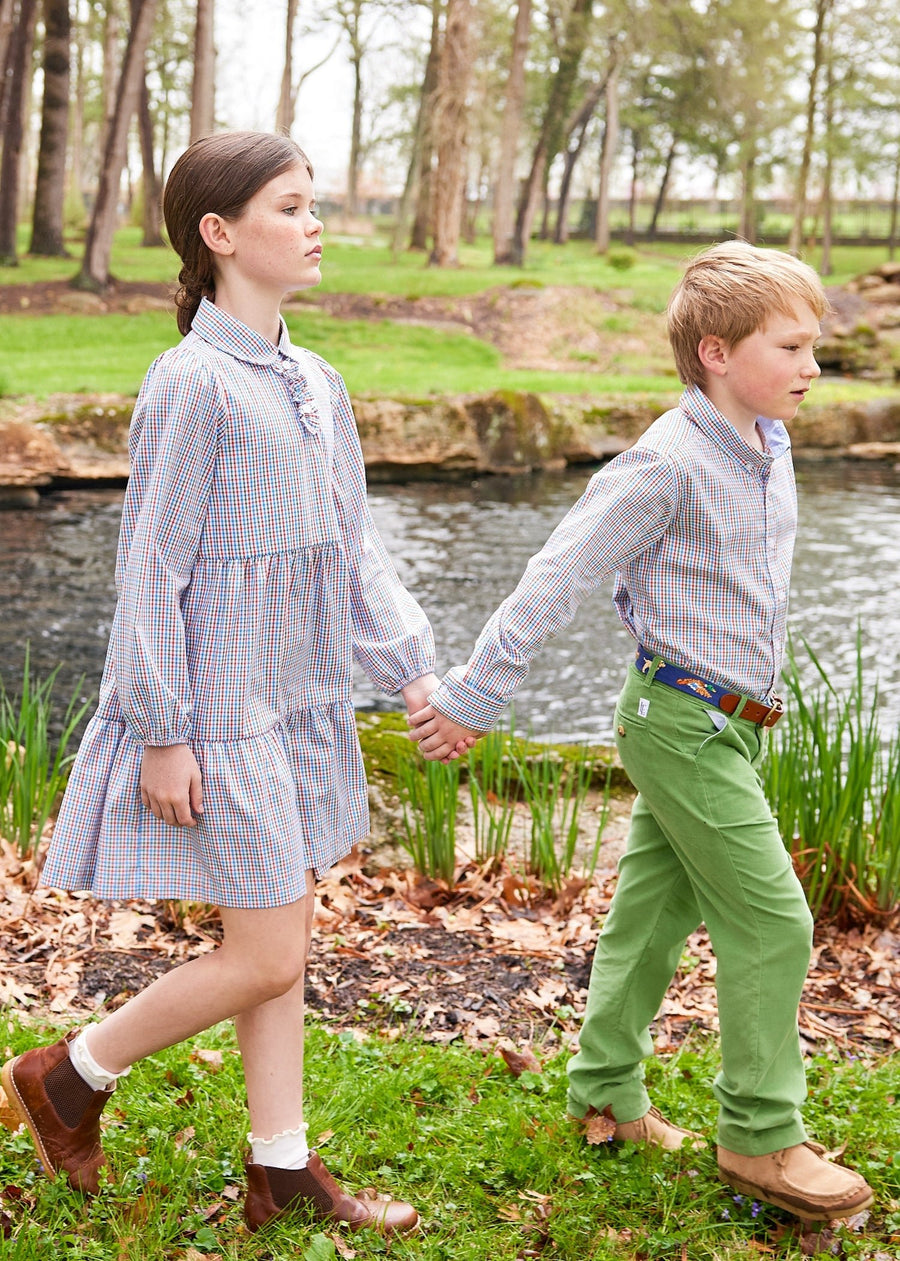 Little English girl's long sleeve plaid dress with tiers and collar for fall