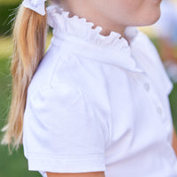 Little English girl's ruffled polo shirt, white knit short sleeve top, uniform shirt for girls