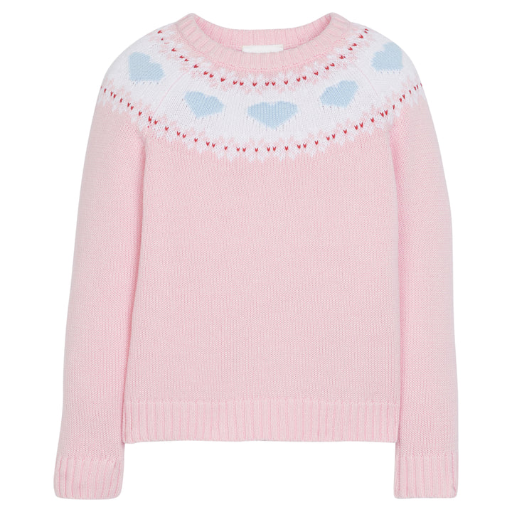 Little English traditional children's clothing, light pink knit fair isle sweater with hearts around chest and shoulder, for little girl