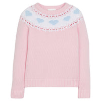 Little English traditional children's clothing, light pink knit fair isle sweater with hearts around chest and shoulder, for little girl