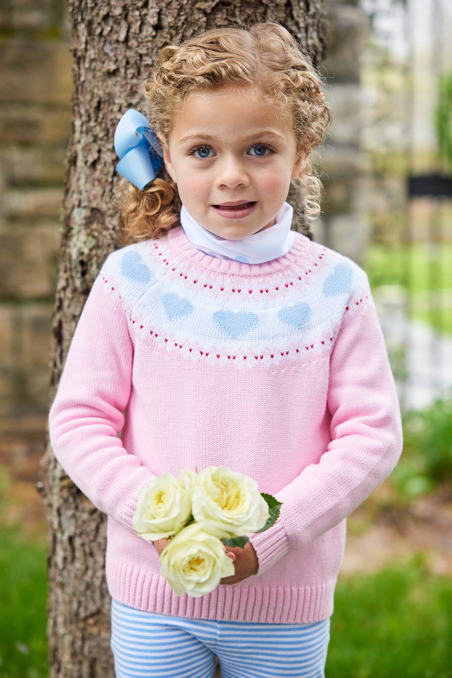 Little English traditional children's clothing, light pink knit fair isle sweater with hearts around chest and shoulder, for little girl