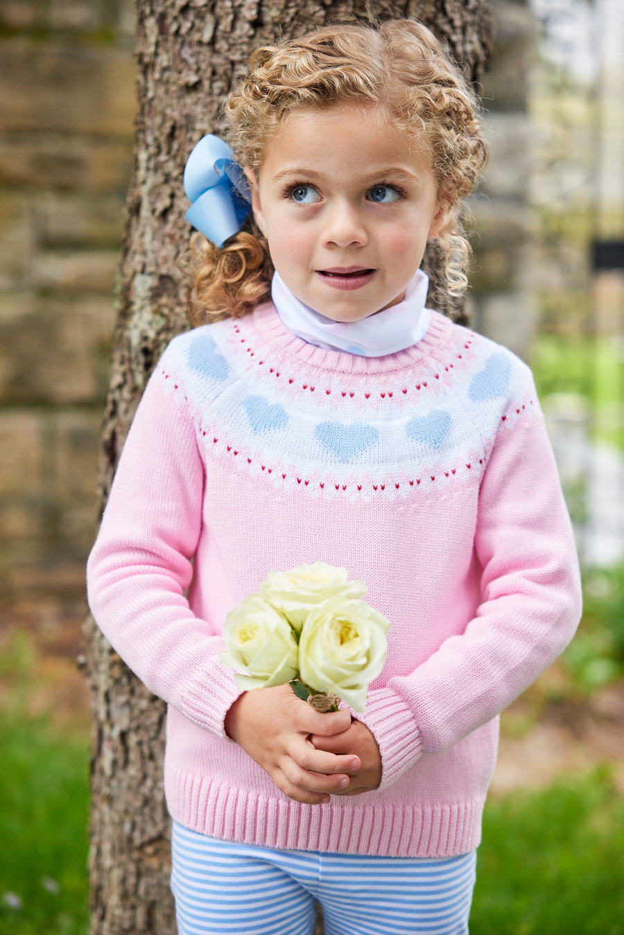  Little English traditional children's clothing, classic girl's turtleneck with blue and pink heart pattern