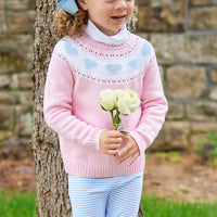 Little English traditional children's clothing, light pink knit fair isle sweater with hearts around chest and shoulder, for little girl