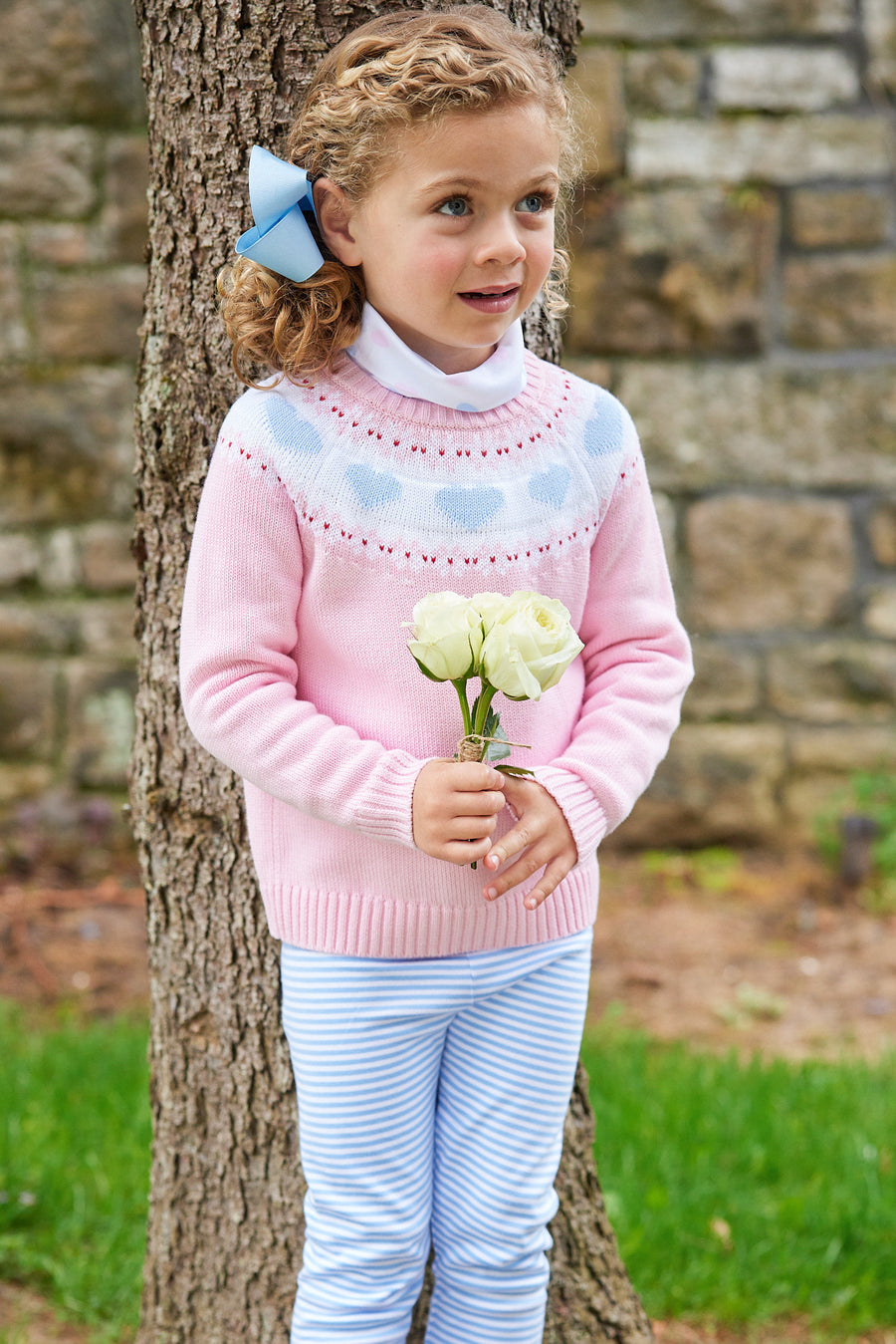 Little English traditional children's clothing, light pink knit fair isle sweater with hearts around chest and shoulder, for little girl