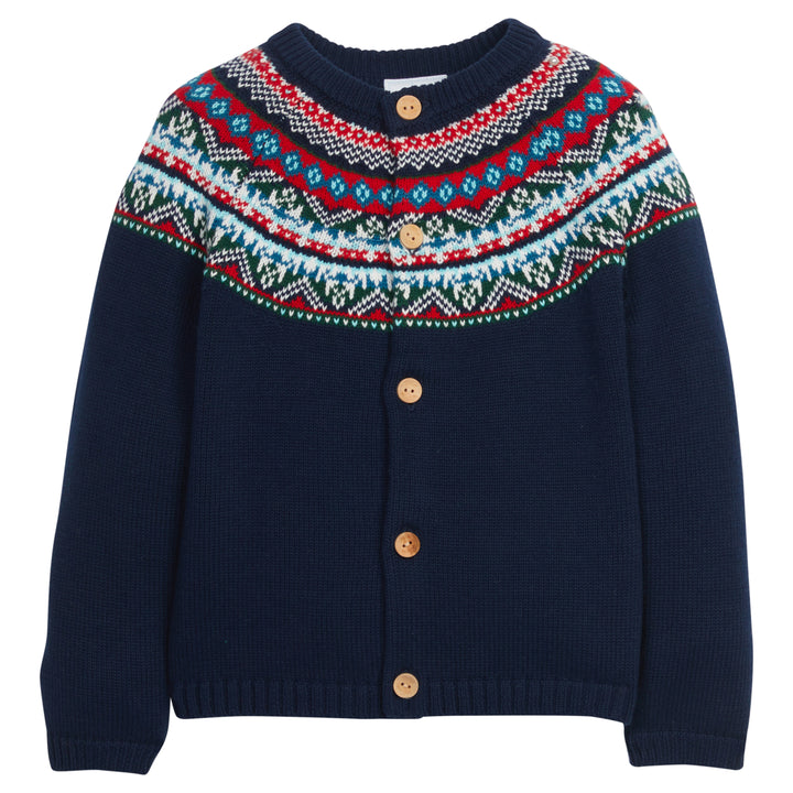 Little English traditional children's clothing, Highlands Fair Isle cardigan in navy with wooden buttons down the center, for little boy 