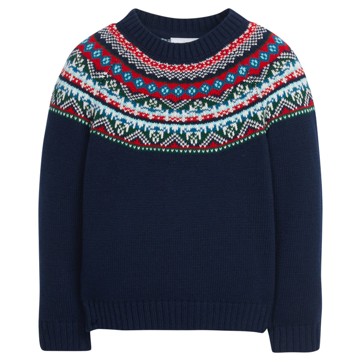  Little English traditional children's clothing, Highlands Fair Isle cardigan in navy for little boy