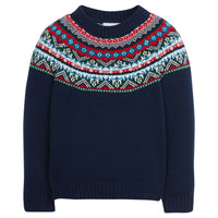  Little English traditional children's clothing, Highlands Fair Isle cardigan in navy for little boy