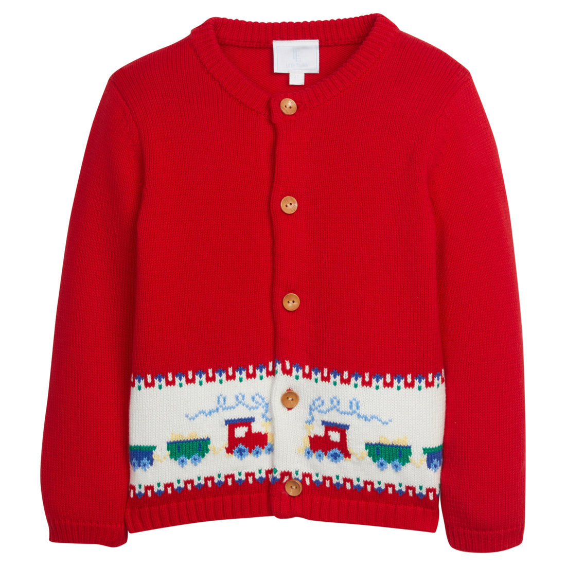 Little English classic fall cardigan with multicolored trains, red boy&