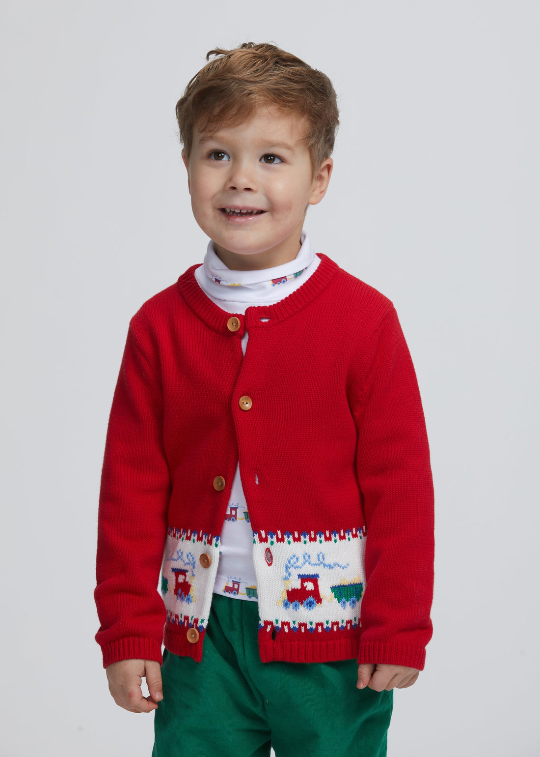 Little English classic fall cardigan with multicolored trains, red boy&