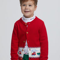 Little English classic fall cardigan with multicolored trains, red boy's traditional fall sweater, printed turtleneck with train motifs, banded pant in alpine corduroy, for little boy