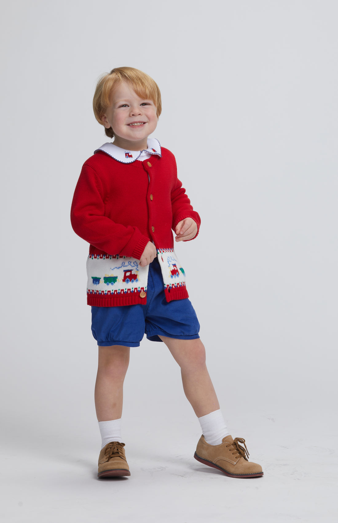 Little English classic fall cardigan with multicolored trains, red boy&