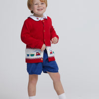 Little English classic fall cardigan with multicolored trains, red boy's traditional fall sweater, long sleeve shirt with train pinpoint on collar, banded short in royal blue corduroy, for little boy