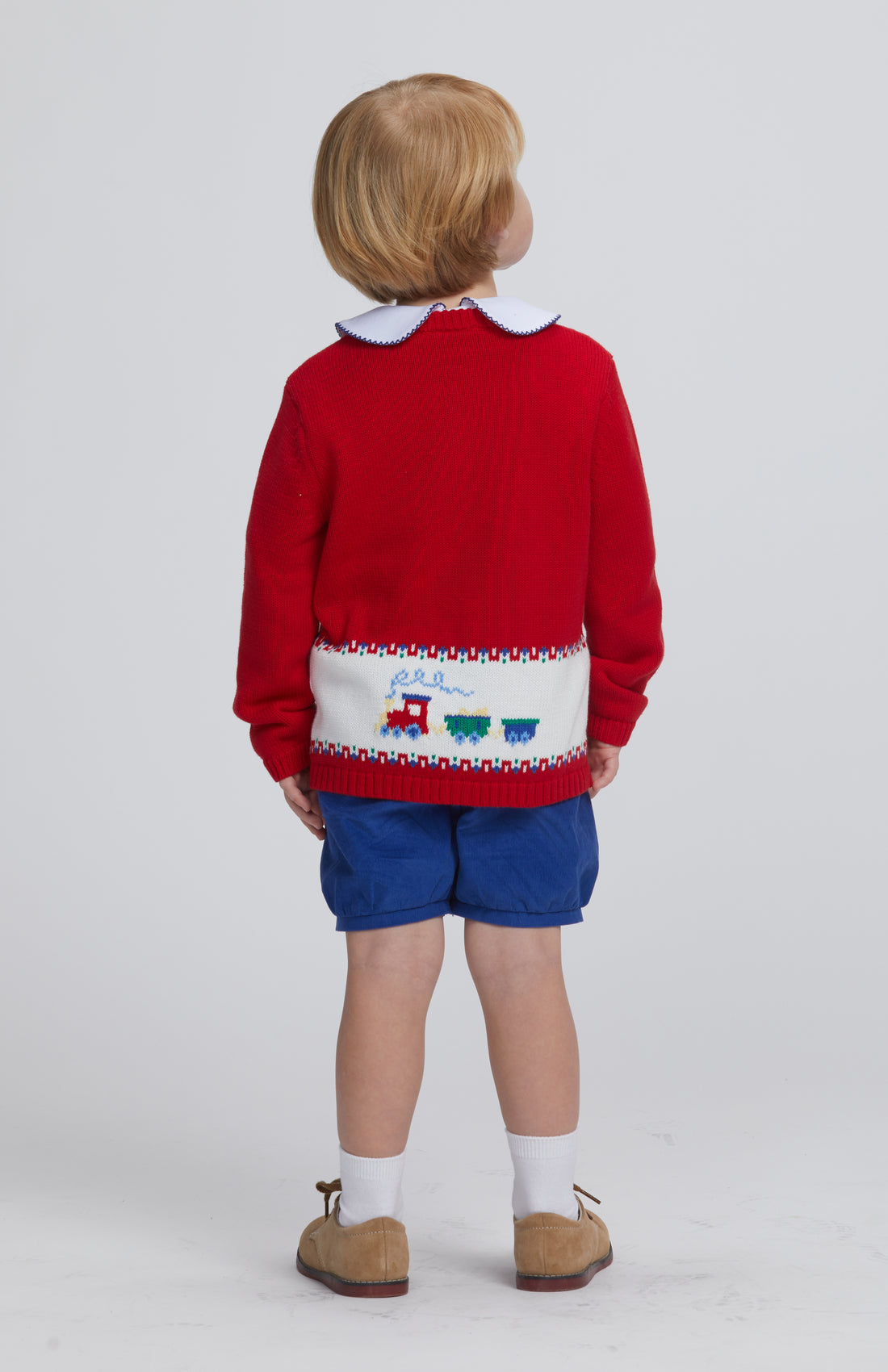 Little English classic fall cardigan with multicolored trains, red boy&