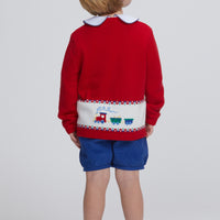 Little English classic fall cardigan with multicolored trains, red boy's traditional fall sweater, long sleeve shirt with train pinpoint on collar, banded short in royal blue corduroy, for little boy