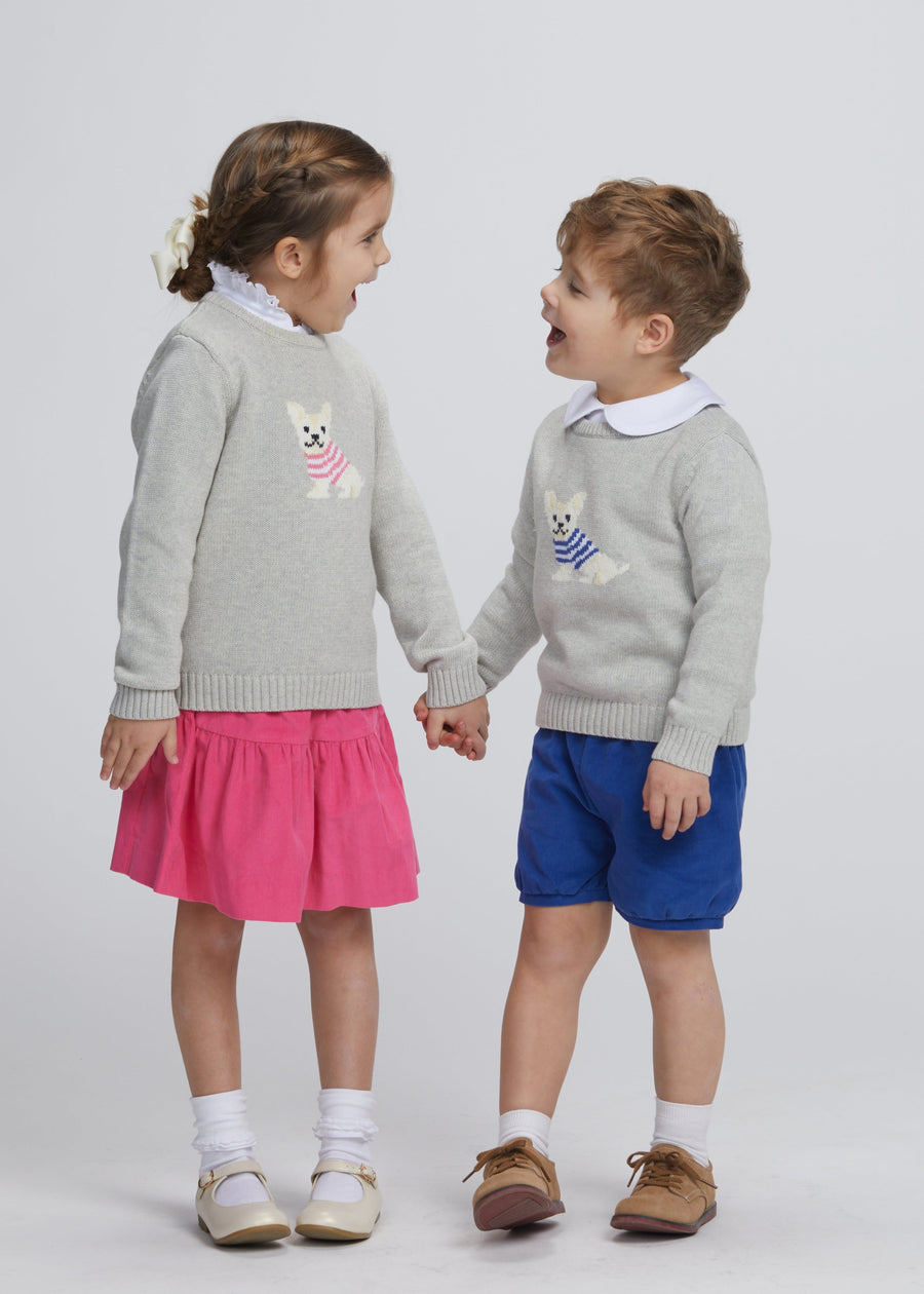 Little English traditional children's clothing. Gray intarsia sweater with frenchie dog motif for little girl, Gray intarsia sweater with frenchie dog motif for little boy, Jillian skirt in hot pink corduroy, banded short in royal blue corduroy, long sleeve hastings polo in  white, piped peter pan shirt in white, for fall