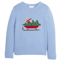 Little English traditional childen's clothing, light blue intarsia sweater with holiday lab print on chest, for little boy