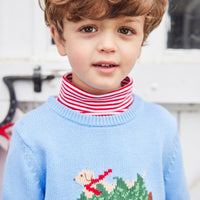 Little English traditional childen's clothing, light blue intarsia sweater with holiday lab print on chest, for little boy