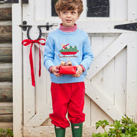 Little English traditional childen's clothing, light blue intarsia sweater with holiday lab print on chest, for little boy