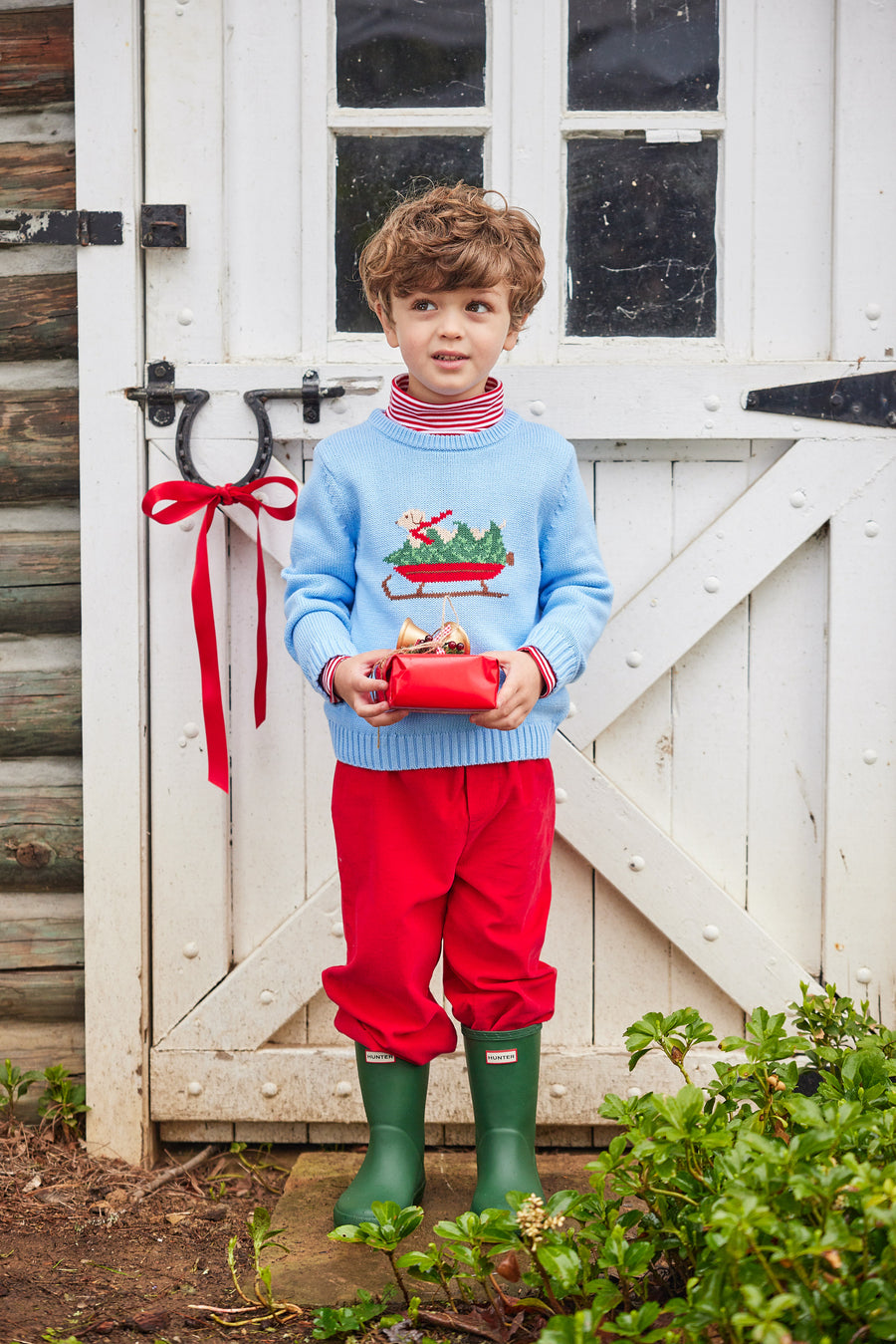 Little English traditional childen's clothing, light blue intarsia sweater with holiday lab print on chest, for little boy