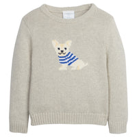 Little English traditional children's clothing. Gray intarsia sweater with frenchie dog motif for little boy for Fall.