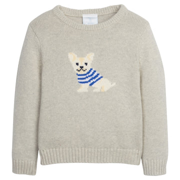 Little English traditional children's clothing. Gray intarsia sweater with frenchie dog motif for little boy for Fall.