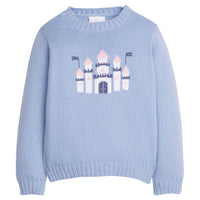 Little English traditional children's clothing. Light blue intarsia sweater with castle motif for little girl for Fall.