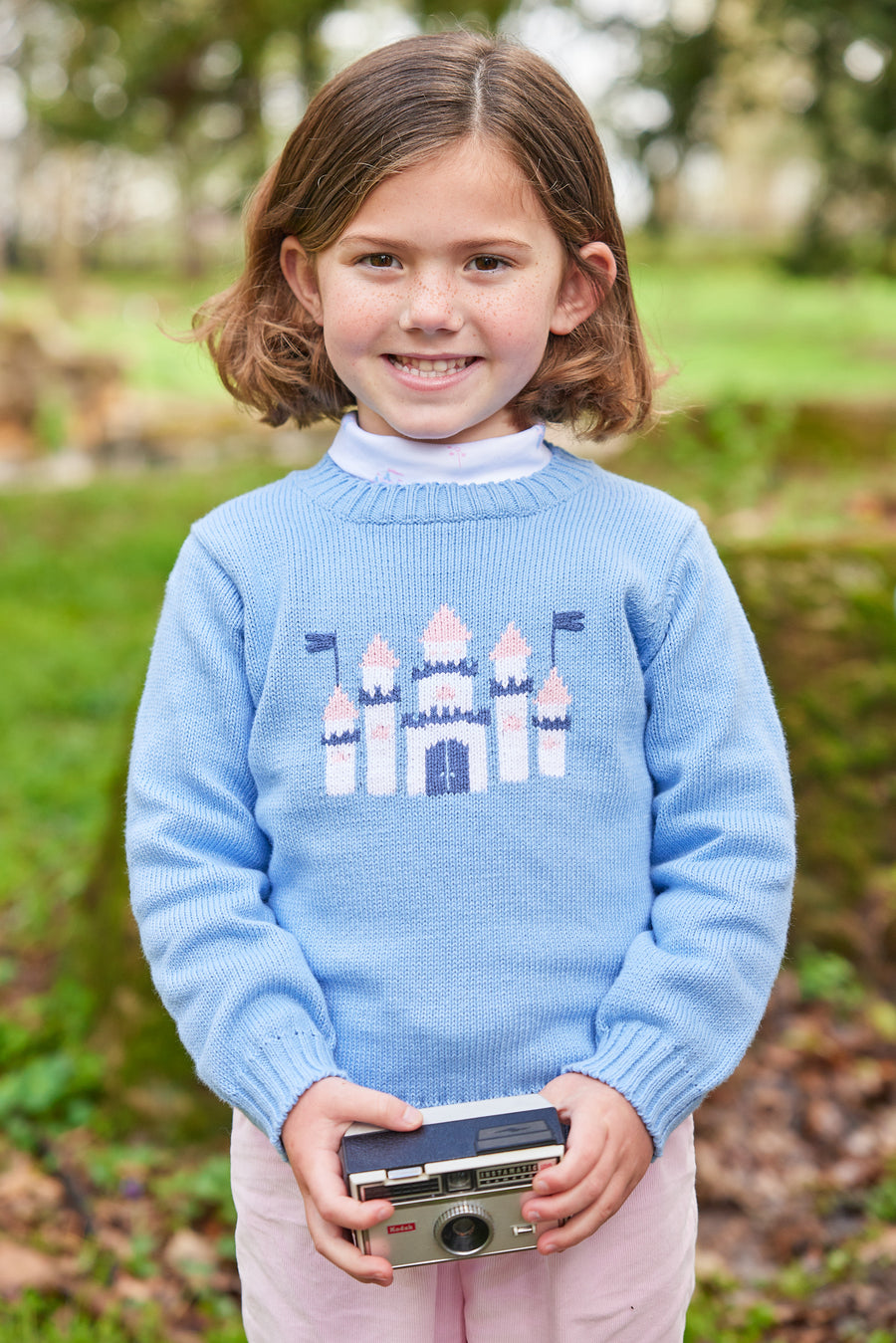 Little English traditional children's clothing. Castle print turtleneck for little girls for Fall.