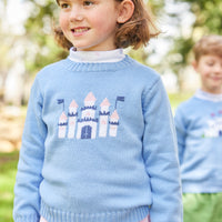 Little English traditional children's clothing. Castle print turtleneck for little girls for Fall.