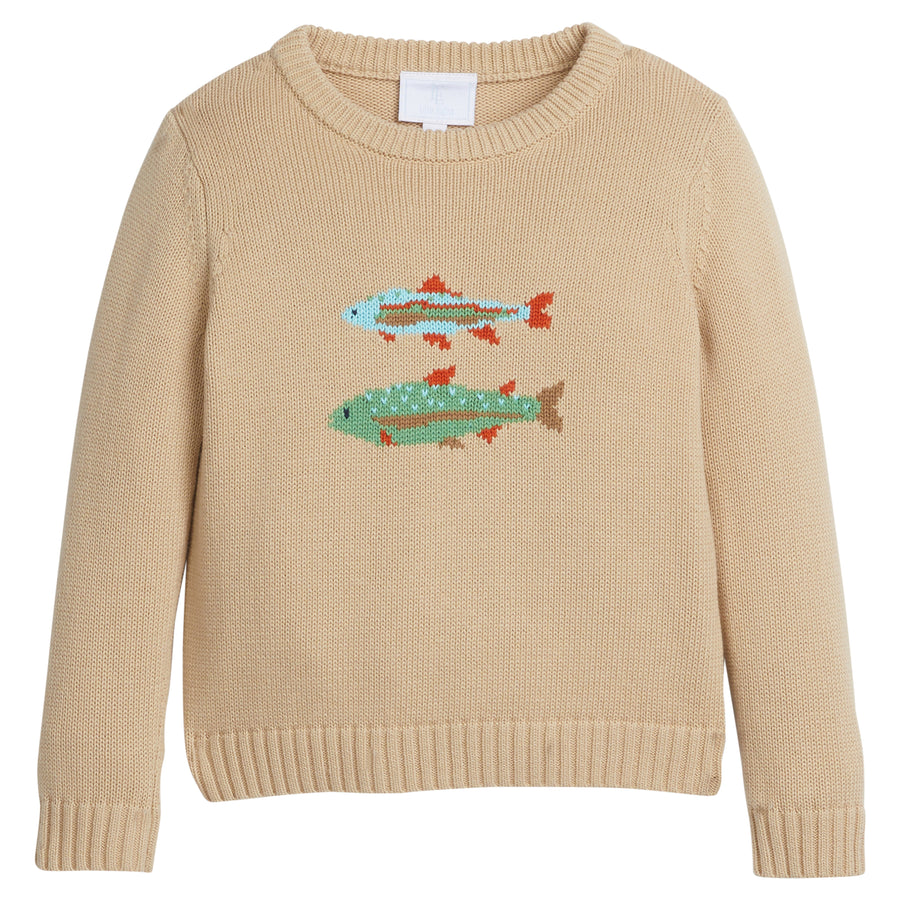 Little English traditional children's clothing, classic crewneck instarsia sweater with two fish for fall
