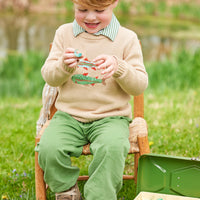 Little English traditional children's clothing. Watercress banded pants for little boy.  Light green elastic waistband pants for Fall.