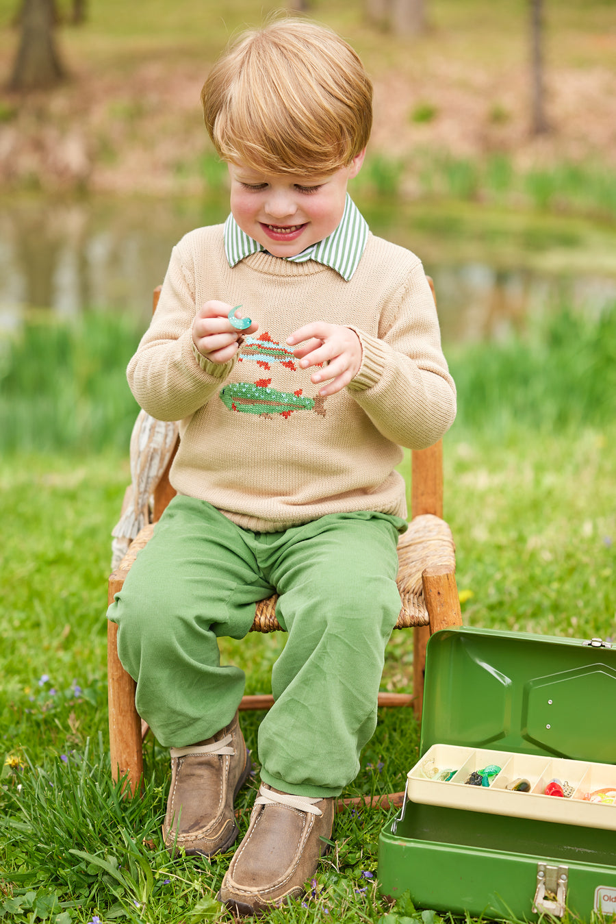 Little English traditional children's clothing. Watercress banded pants for little boy.  Light green elastic waistband pants for Fall.