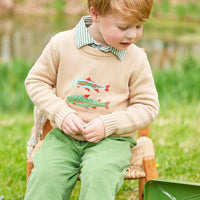 Little English traditional children's clothing. Watercress banded pants for little boy.  Light green elastic waistband pants for Fall.